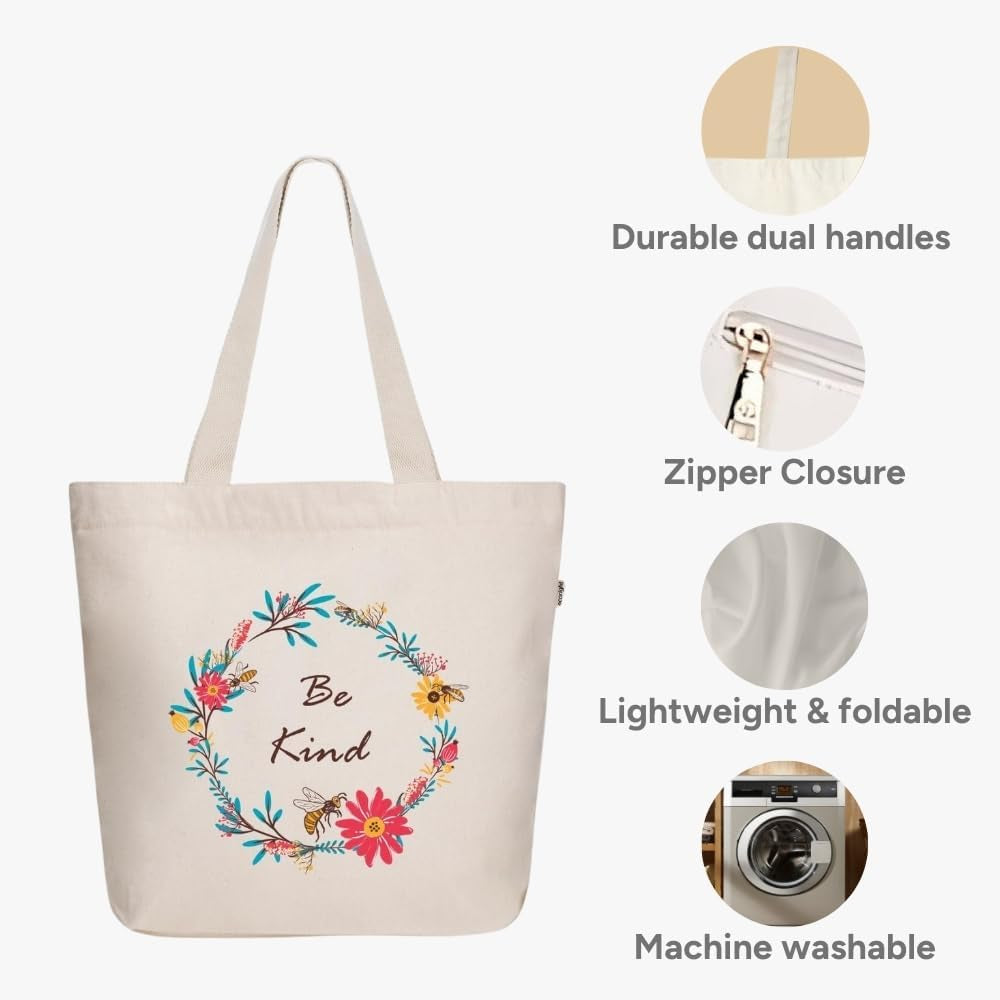 Canvas Tote Bag with Zipper, Eco-Friendly Large Travel Tote Bags for Women for Shopping, Work & Beach