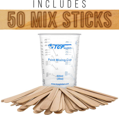 20 Ounce (600Ml) Disposable Flexible Clear Graduated Plastic Mixing Cups - Box of 50 Cups & 50 Mixing Sticks - Use for Paint, Resin, Epoxy, Art, Kitchen - Measuring Ratios 2-1, 3-1, 4-1, ML