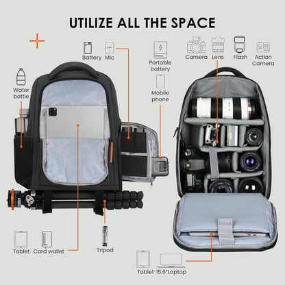 Camera Backpack for Photographers - Compact Camera Bag with 15.6 Inch Laptop Compartment - Side Access Quick Draw - Anti-Theft Hidden Pocket Tripod Holder Rain Cover - TB04 Black