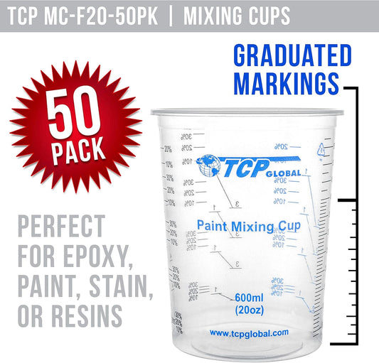 20 Ounce (600Ml) Disposable Flexible Clear Graduated Plastic Mixing Cups - Box of 50 Cups & 50 Mixing Sticks - Use for Paint, Resin, Epoxy, Art, Kitchen - Measuring Ratios 2-1, 3-1, 4-1, ML