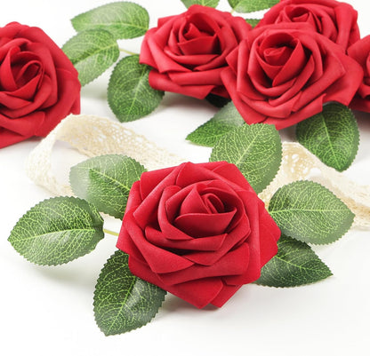 50 Pcs Artificial Flowers Red Roses Bulk, Real Looking Fake Foam Roses with Stems DIY Wedding Bouquet Floral Arrangement Bridal Shower Centerpieces Valentines Day Party Home Table Decorations