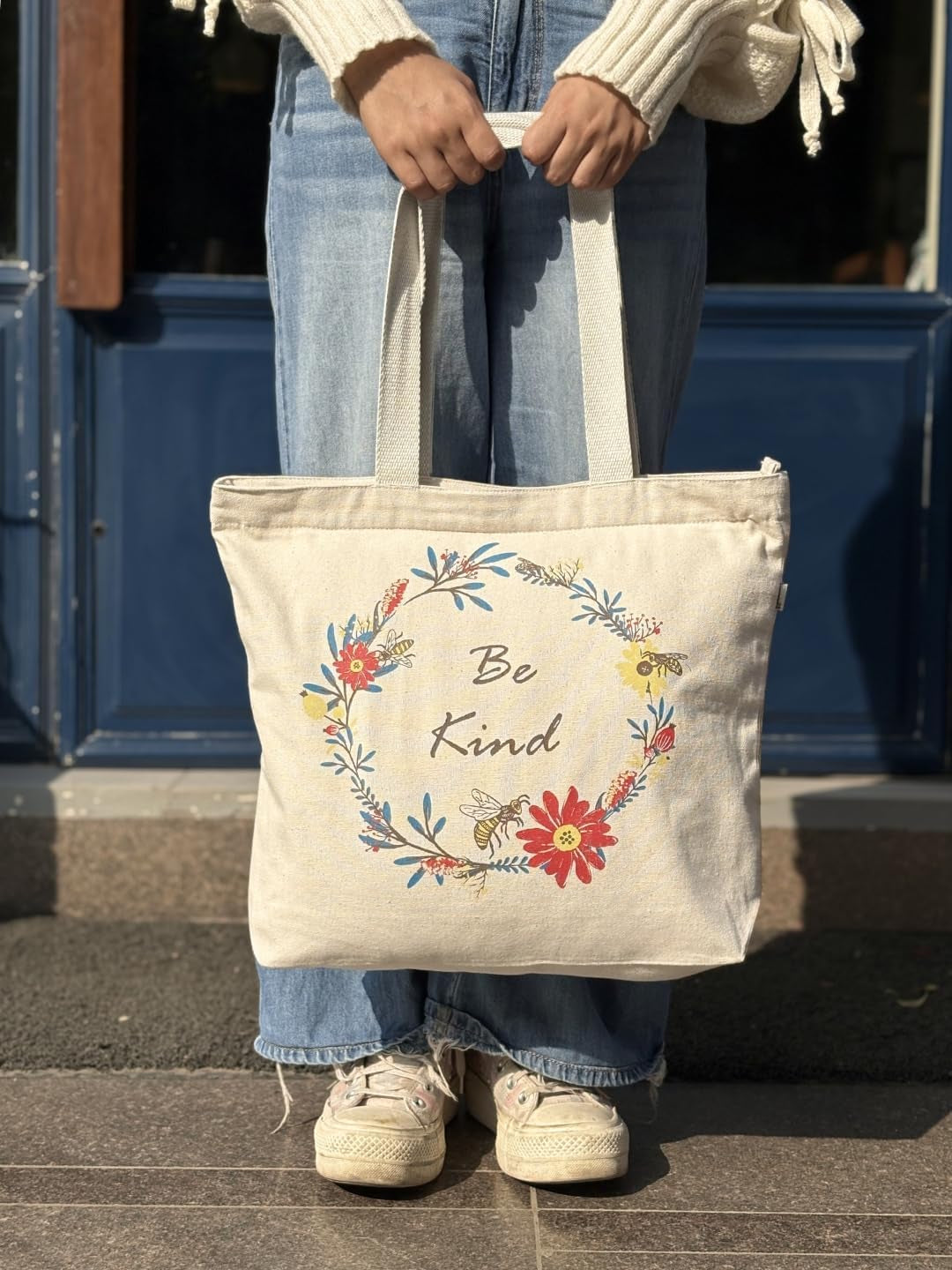 Canvas Tote Bag with Zipper, Eco-Friendly Large Travel Tote Bags for Women for Shopping, Work & Beach