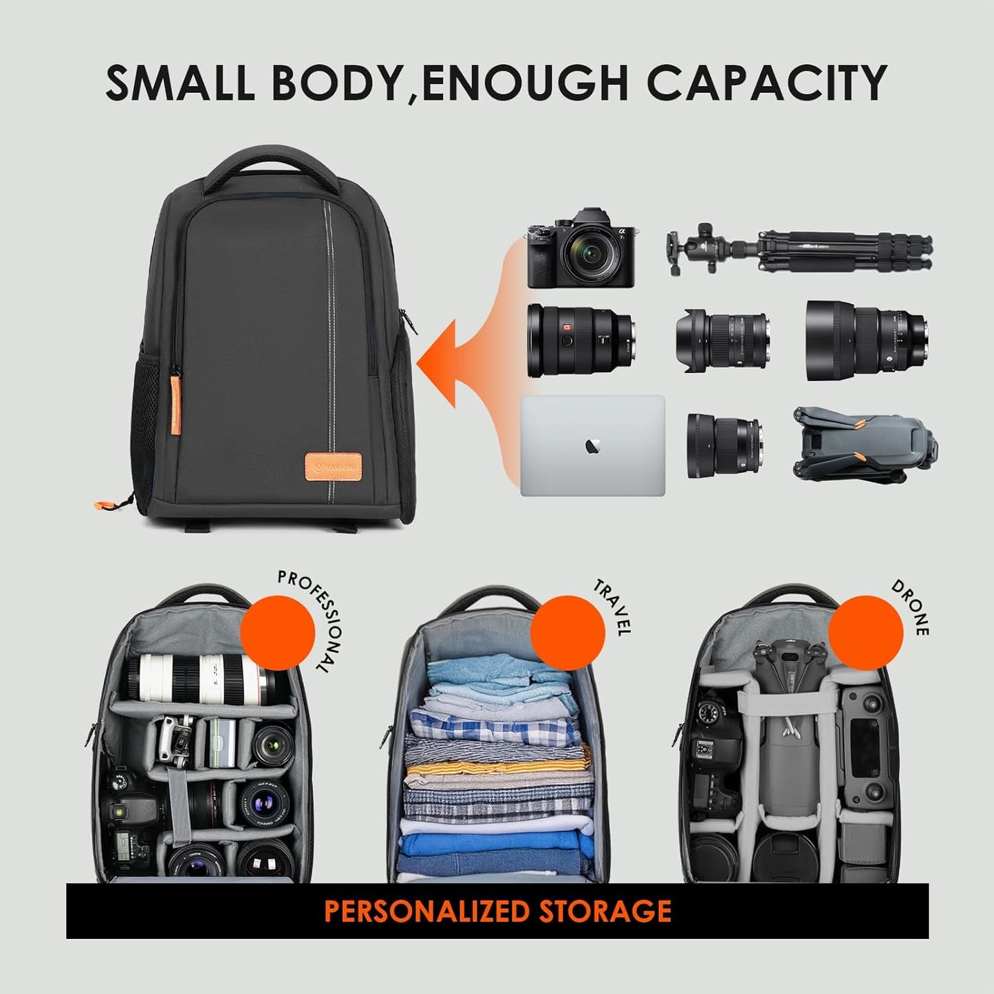 Camera Backpack for Photographers - Compact Camera Bag with 15.6 Inch Laptop Compartment - Side Access Quick Draw - Anti-Theft Hidden Pocket Tripod Holder Rain Cover - TB04 Black