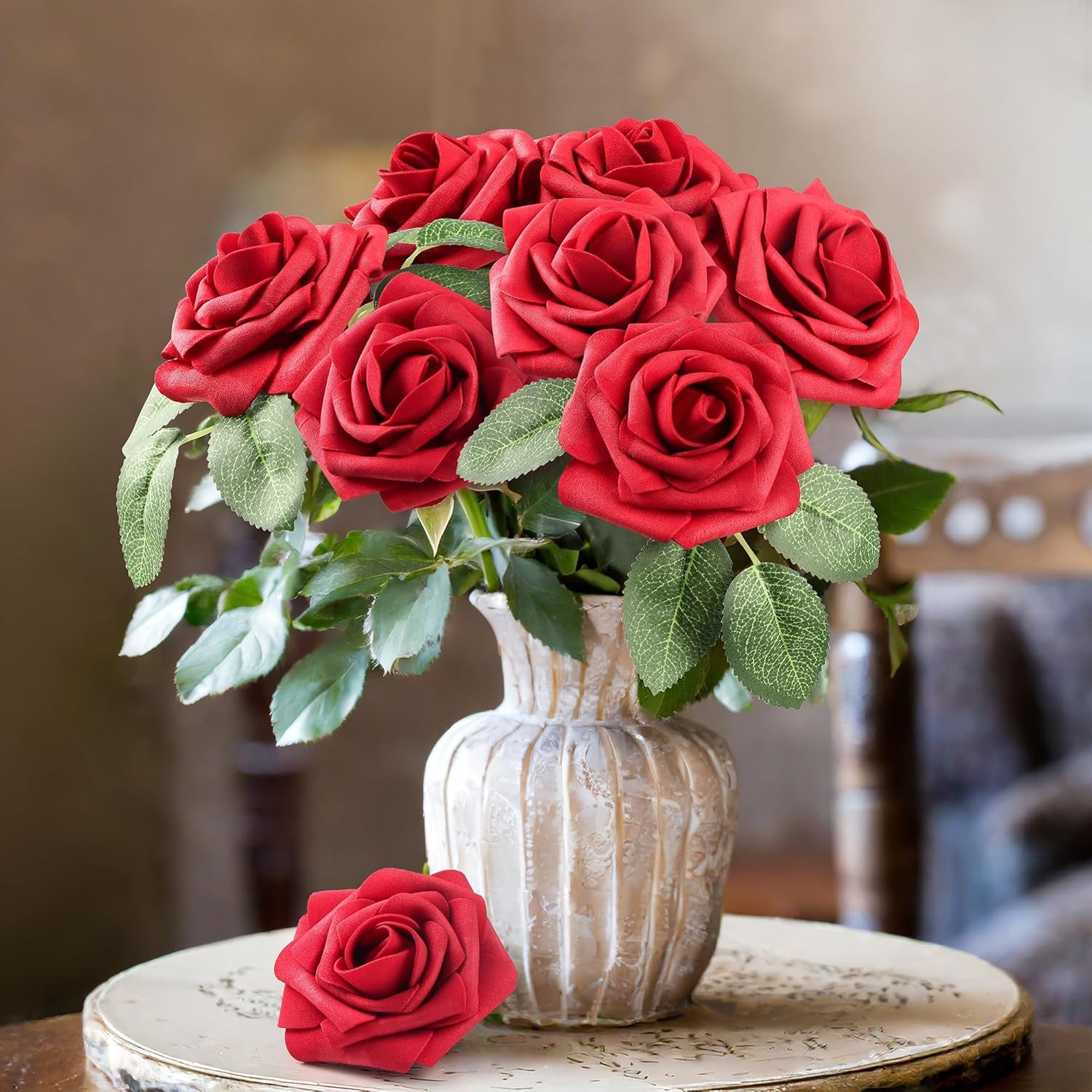 50 Pcs Artificial Flowers Red Roses Bulk, Real Looking Fake Foam Roses with Stems DIY Wedding Bouquet Floral Arrangement Bridal Shower Centerpieces Valentines Day Party Home Table Decorations