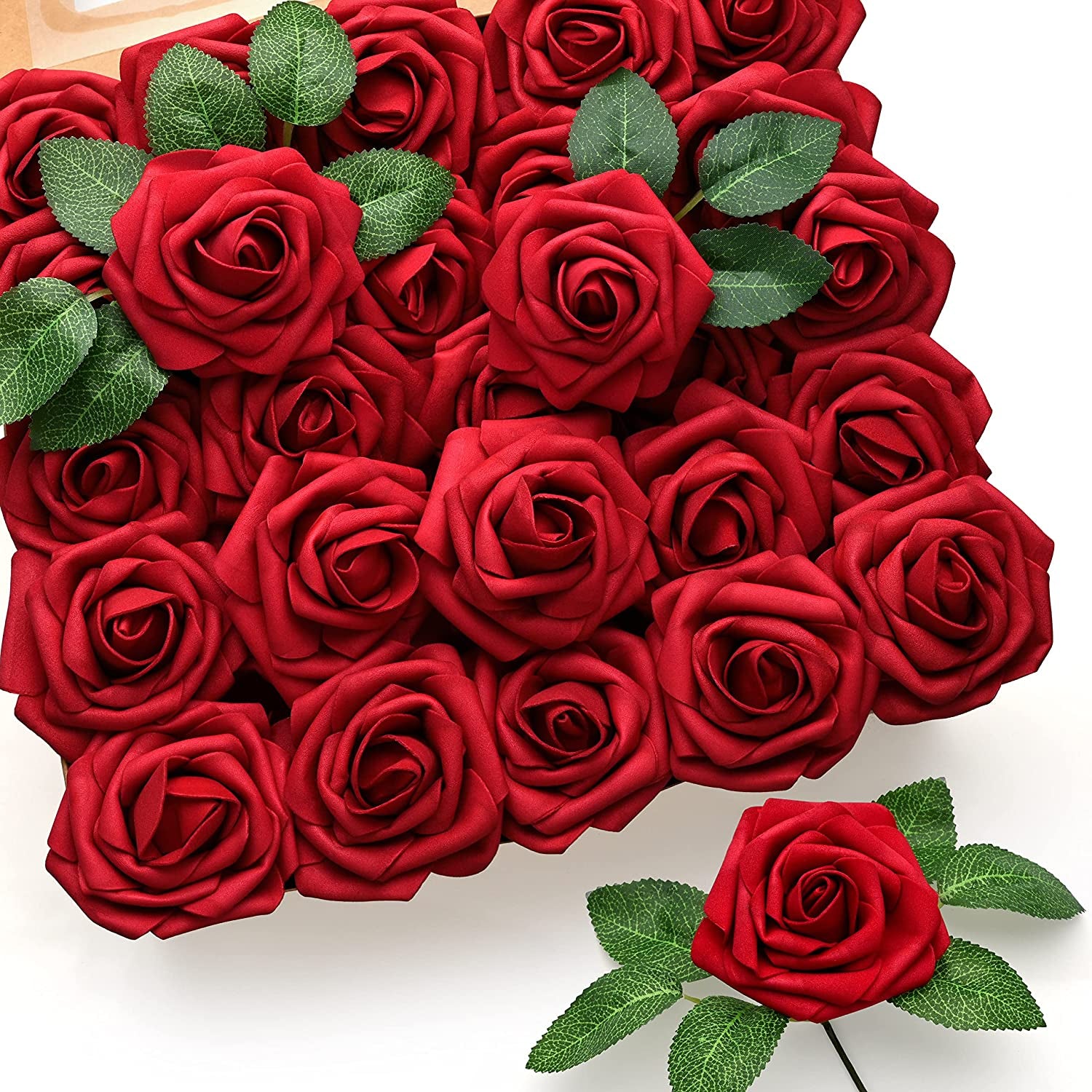 50 Pcs Artificial Flowers Red Roses Bulk, Real Looking Fake Foam Roses with Stems DIY Wedding Bouquet Floral Arrangement Bridal Shower Centerpieces Valentines Day Party Home Table Decorations