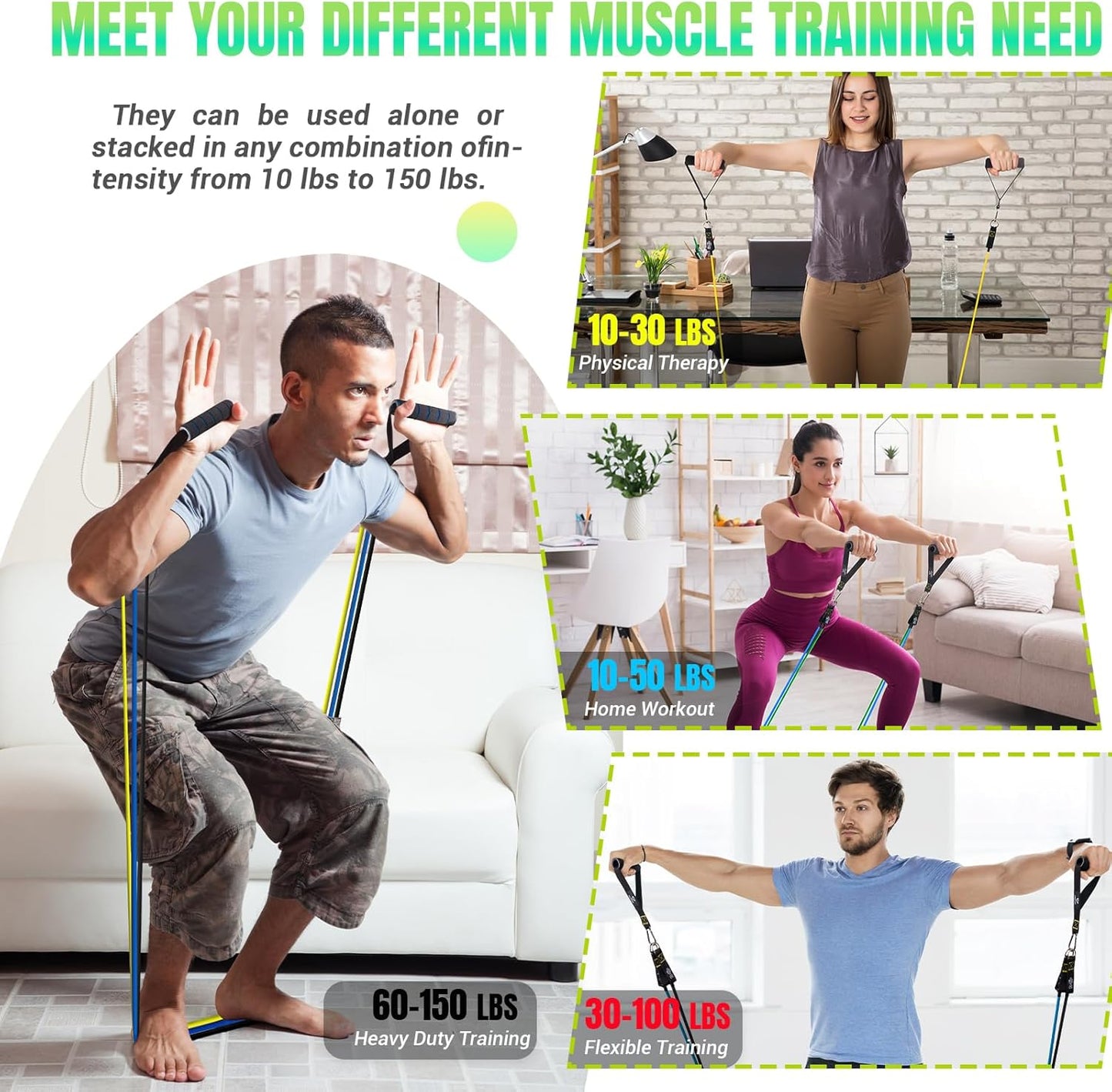 Resistance Bands Set with Handles, Exercise Bands Workout Bands Fitness Bands with Door Anchor, Legs Ankle Straps for Resistance Training，Physical Therapy，Home Gym Workout