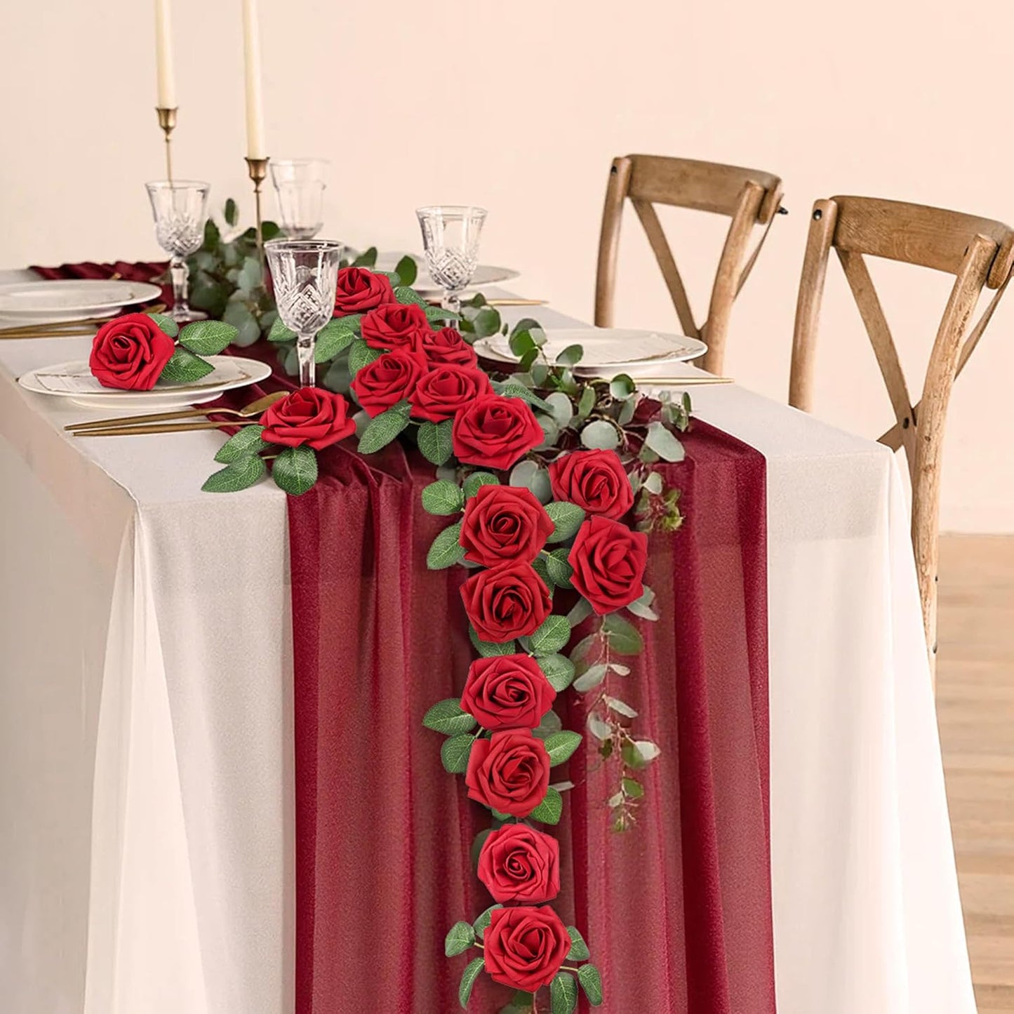 50 Pcs Artificial Flowers Red Roses Bulk, Real Looking Fake Foam Roses with Stems DIY Wedding Bouquet Floral Arrangement Bridal Shower Centerpieces Valentines Day Party Home Table Decorations