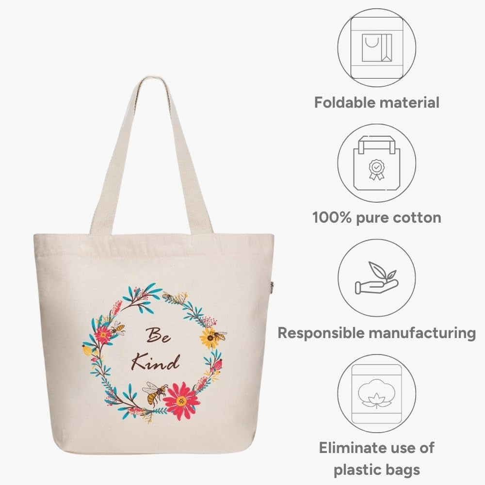 Canvas Tote Bag with Zipper, Eco-Friendly Large Travel Tote Bags for Women for Shopping, Work & Beach